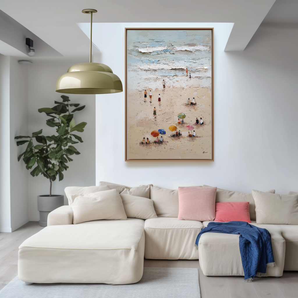 Seaside Stroll- Textured Beach Scene Oil Painting with Figures and Colorful Umbrellas, Coastal Summer Wall Art for Home Decor