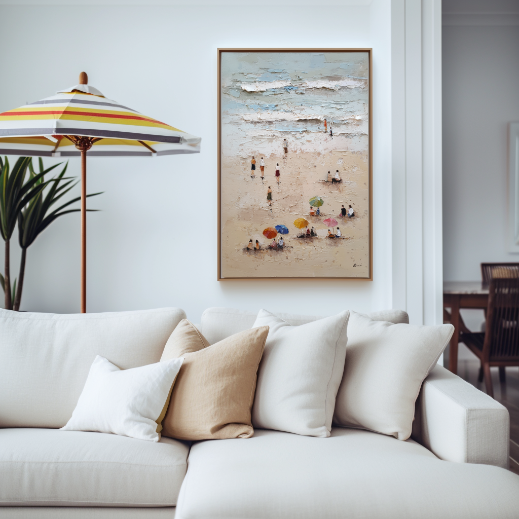 Seaside Stroll- Textured Beach Scene Oil Painting with Figures and Colorful Umbrellas, Coastal Summer Wall Art for Home Decor