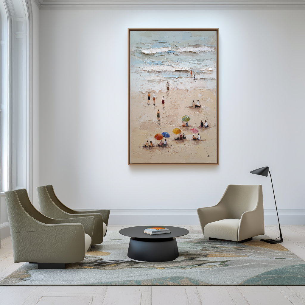 Seaside Stroll- Textured Beach Scene Oil Painting with Figures and Colorful Umbrellas, Coastal Summer Wall Art for Home Decor