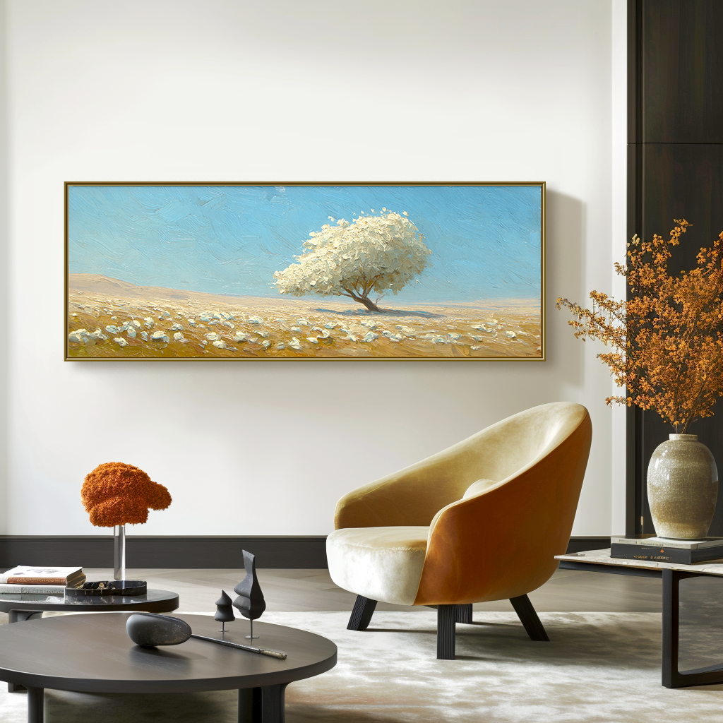 Serene White Tree Landscape – Large Textured Abstract Wall Art for Modern Living Room Decor