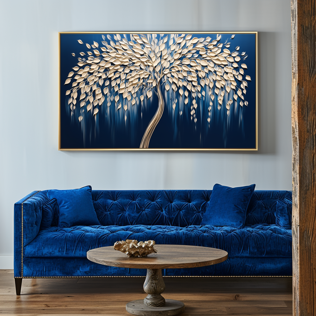 Tree of Light-Modern 3D Textured Tree Wall Art - Handmade Golden Decor on Deep Blue - Home Decor