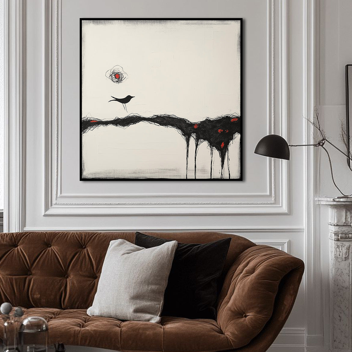 Where Silence Walks - Minimalist Abstract Bird Painting Modern Black and White Wall Art
