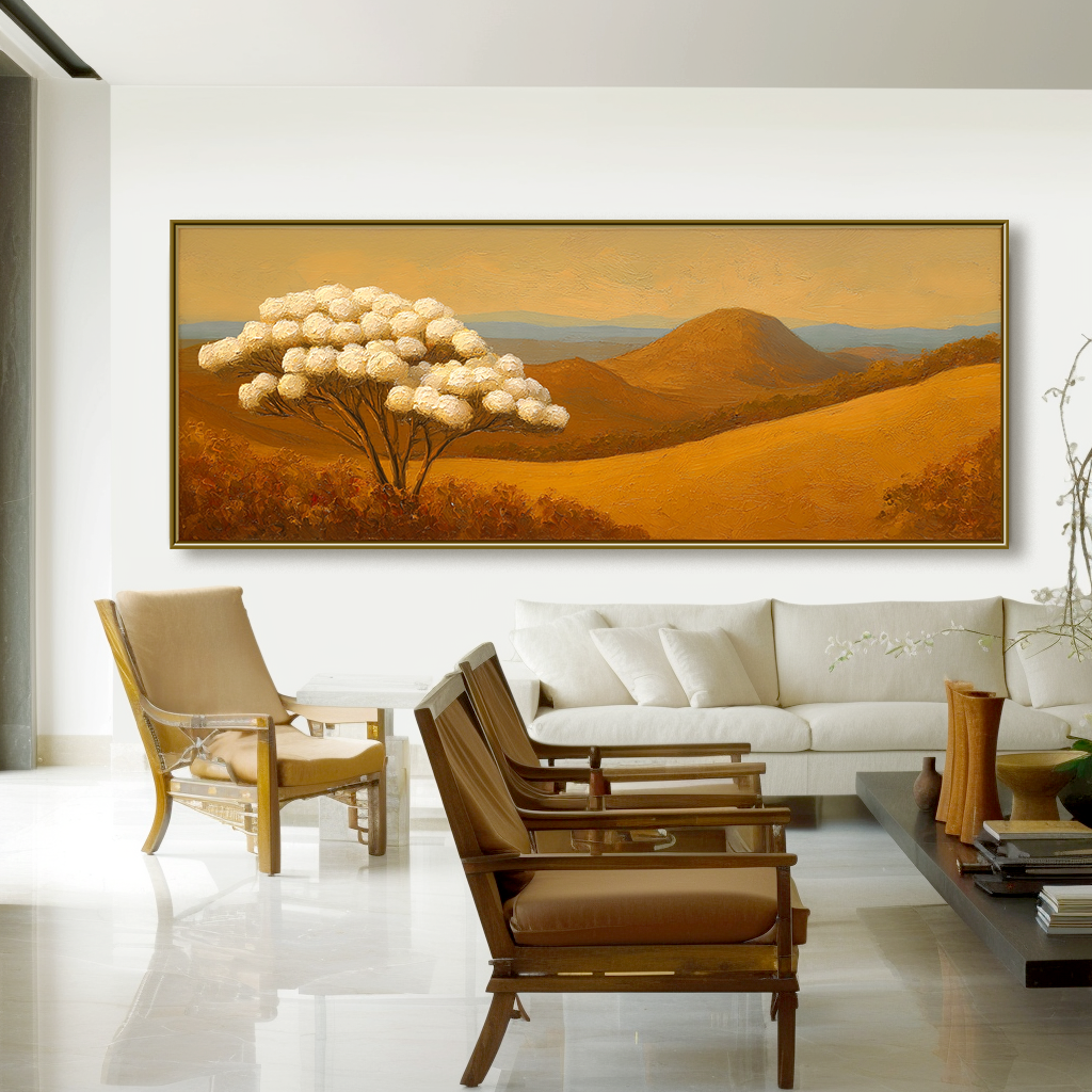 White Tree Landscape Painting – Large Textured Canvas Wall Art for Living Room Decor