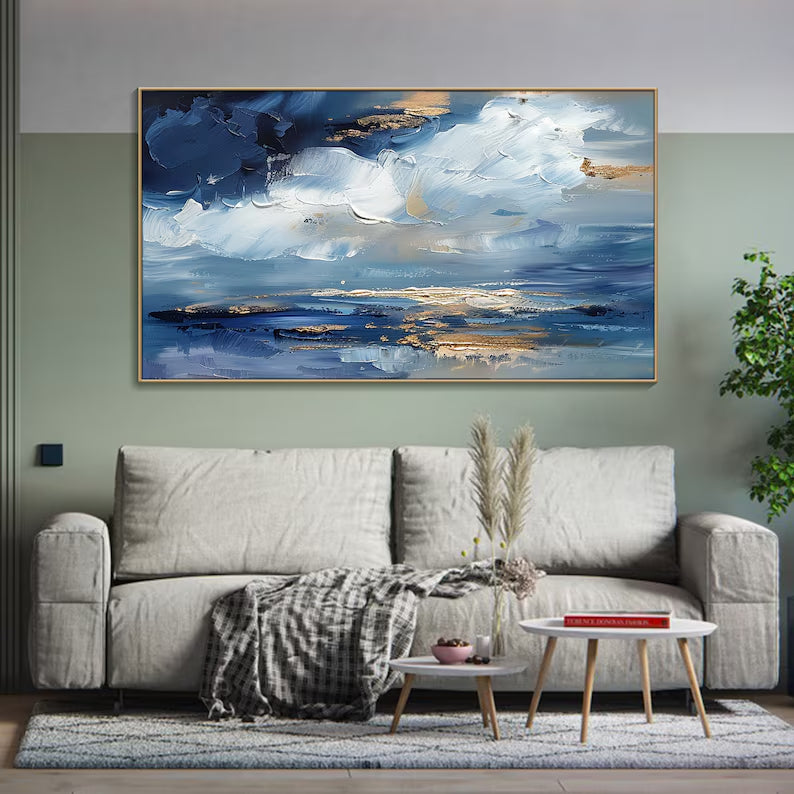 Azure Dreamscape-Modern Abstract Oil Painting, Blue and Gold Textured Wall Art for Home Decor