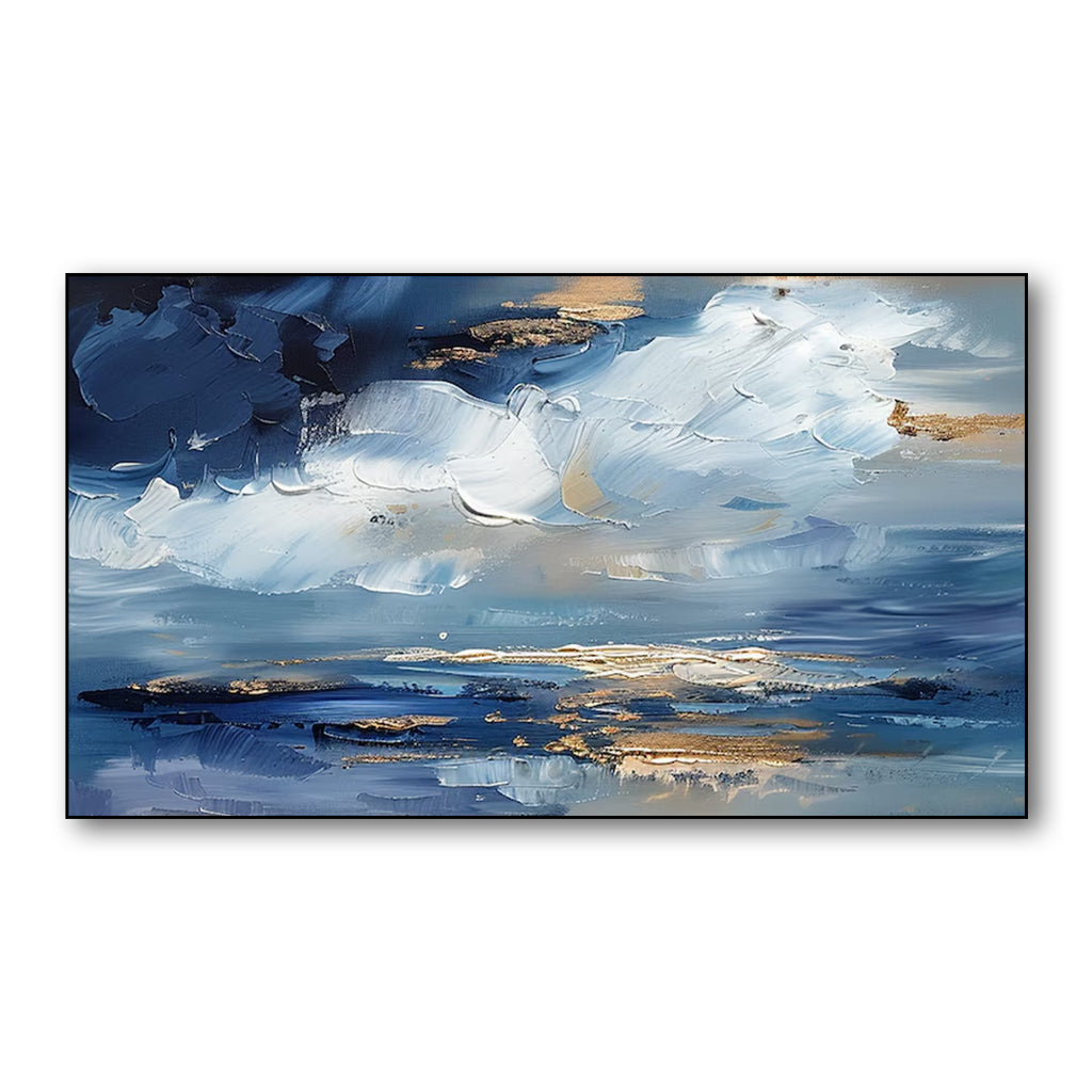 Modern Abstract Oil Painting - Blue and Gold Textured Wall Art for Home Decor