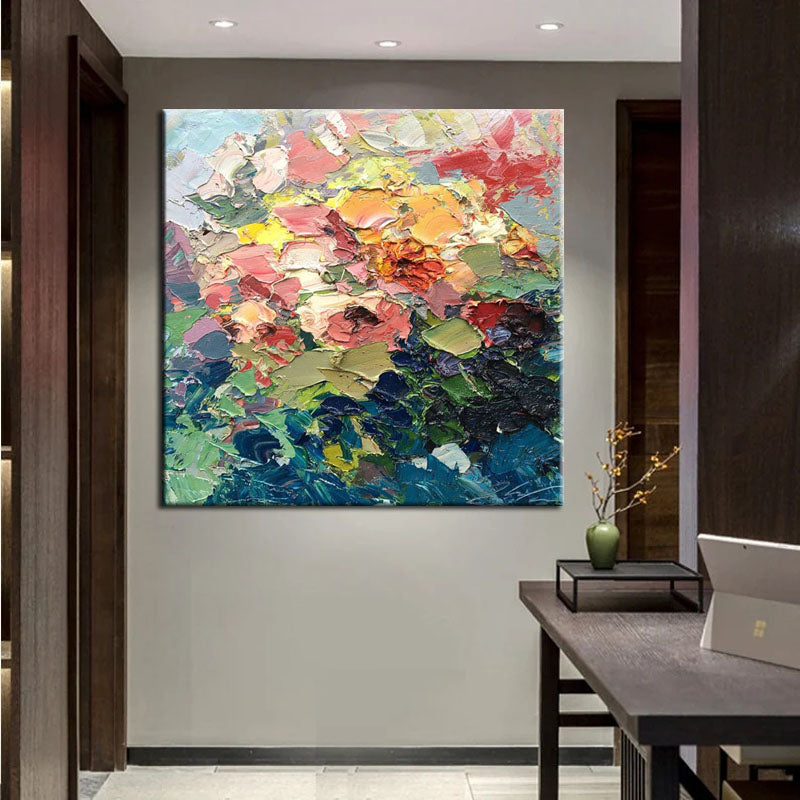 Bouquet of Flowers-Colorful Abstract Floral Oil Painting on Textured Canvas
