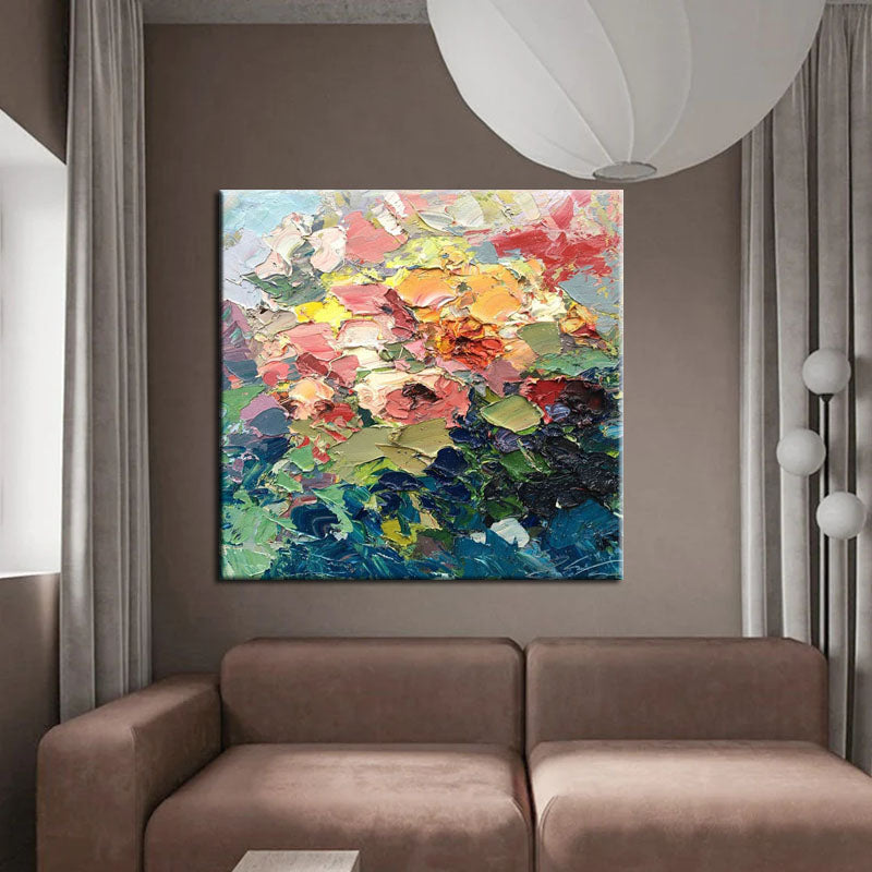 Bouquet of Flowers-Colorful Abstract Floral Oil Painting on Textured Canvas