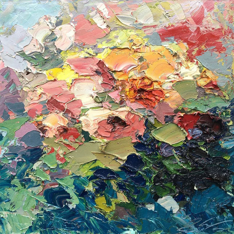 Bouquet of Flowers-Colorful Abstract Floral Oil Painting on Textured Canvas