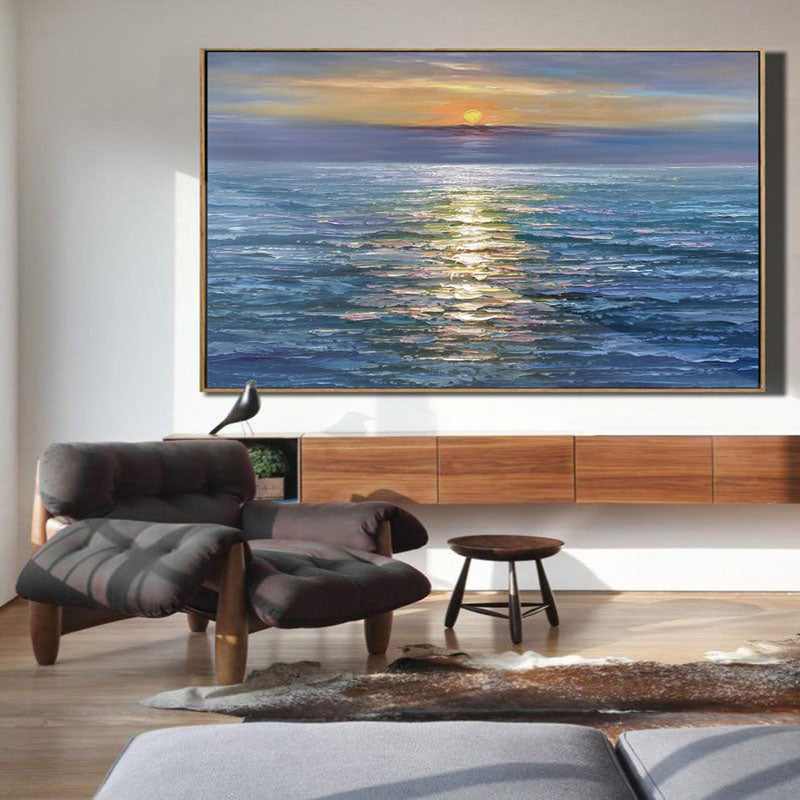 Glittering Sunset-Horizontal Textured Ocean Sunset Oil Painting for Living Room or Bedroom