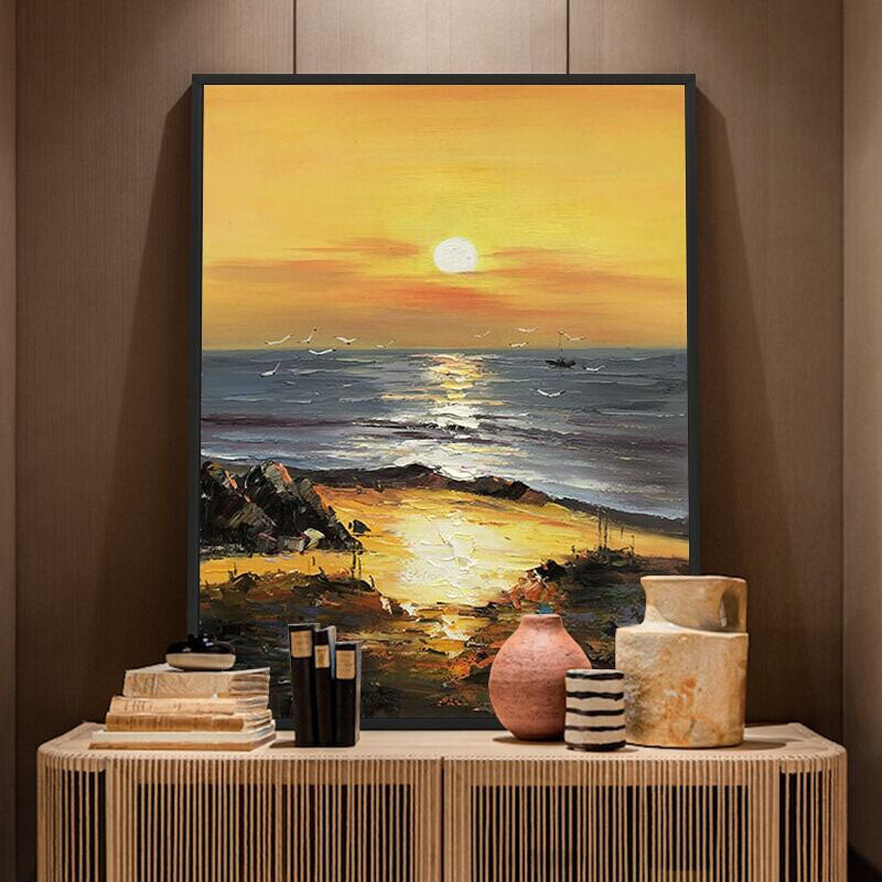 Golden Sunset-Vertical Textured Coastal Oil Painting for Modern Interiors