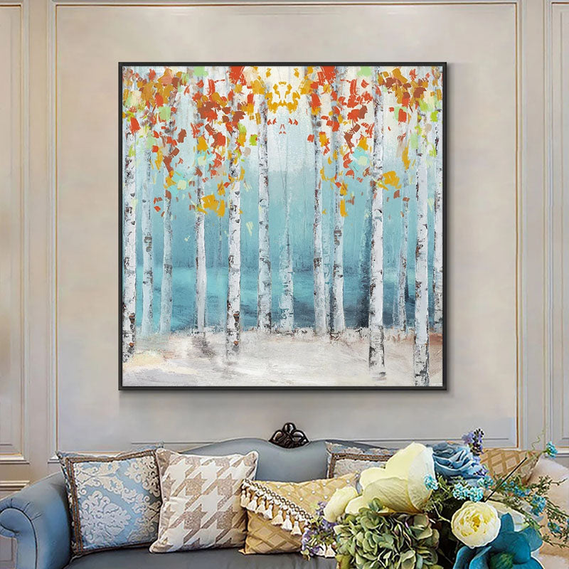 Birch-Autumn Birch Forest Oil Painting with Colorful Foliage | Modern Wall Art for Home Decor